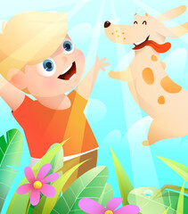 Boy and dog best friends playing outside in nature, puppy jumping into owner hands. Happy kid and puppy cartoon, walking in the park, dog jumping in the air. Vector illustration for kids.