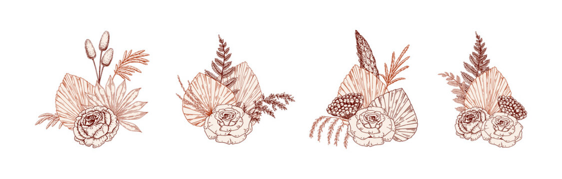 Set of hand drawn modern flower bouquets with rose, dried palm leaves and pampas grass. Vector illustration in sketch style