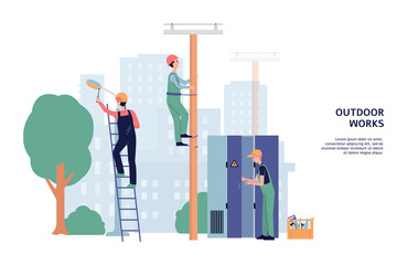 Website banner template of electricity outdoor works flat vector illustration.