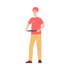 Fast food worker holding empty tray, flat vector illustration isolated.
