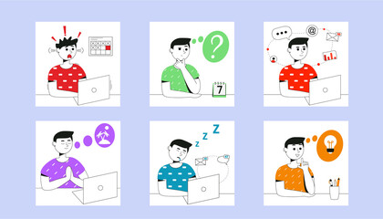 Fototapeta premium Young man is sitting with a laptop at the table. Concept of remote work from home, freelance, distance education. Office worker with different emotions. Set of isolated vector illustration.