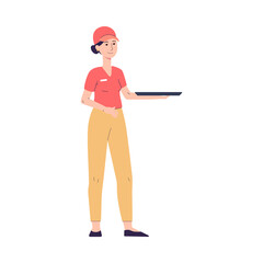 Fast food restaurant waitress with tray flat vector illustration isolated.