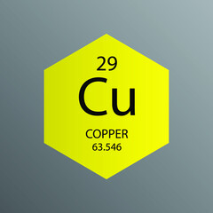 Cu Copper Transition metal Chemical Element Periodic Table. Hexagon vector illustration, simple clean style Icon with molar mass and atomic number for Lab, science or chemistry education.