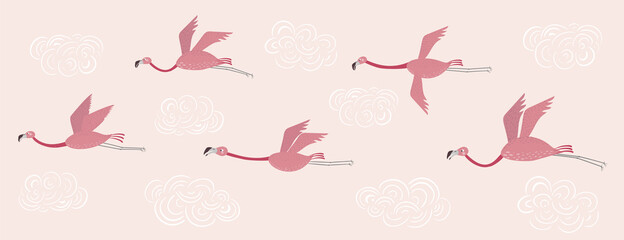 Vector set with flamingos. Flamingos flying on a pink sky with white clouds. 