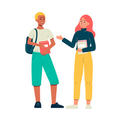 Couple of students standing and chatting, flat vector illustration isolated.