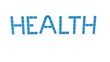 Health word. Isolated word health on white. Blue metallic letters.