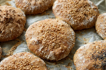 Homemade spelled flour bread with the addition of various seeds such as sesame, poppy seeds,...