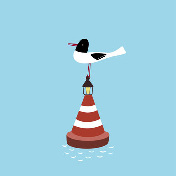 A seagull sits on a buoy in the sea. 