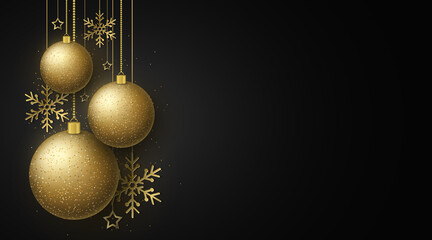 Fototapeta na wymiar Christmas design greeting card. Golden glittering balls with sequins. Decorations of hanging stars and snowflakes on an empty dark background. Happy New Year.