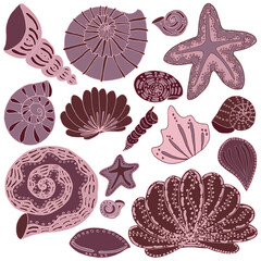 vector set of seashells and starfish monochrome isolated pink objects of the seas and oceans underwater world