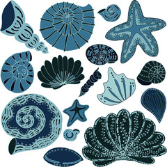 vector set of seashells and starfish monochrome isolated blue objects of the seas and oceans underwater world