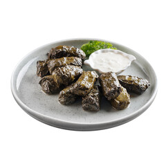 Isolated plate of georgian dolma stuffed grape leaves