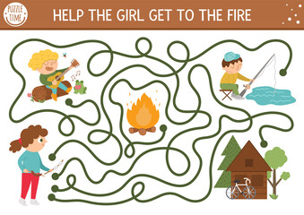 Summer camp maze for children. Active holidays preschool printable activity. Family nature trip labyrinth game or puzzle with cute kids with guitar, rod. Help the girl get to the fire.