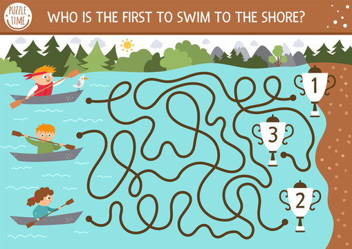 Summer camp maze for children. Active holidays preschool printable activity. Nature trip or competition labyrinth game or puzzle with cute kayaking kids on boats. Who is the first to swim to the shore