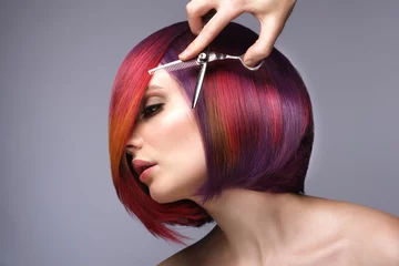 Foto op Aluminium Beautiful woman with multi-colored hair and creative make up and hairstyle. Beauty face. © Kobrinphoto