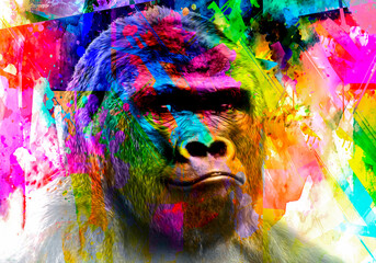 gorilla monkey head with creative colorful abstract elements on light background - obrazy, fototapety, plakaty