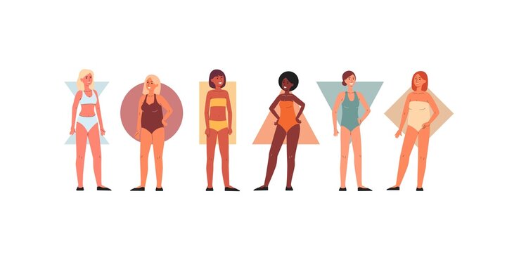 A set of beautiful female characters with different body shape types