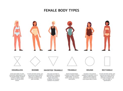 Women of various body figures similar to geometric shapes, vector illustration.
