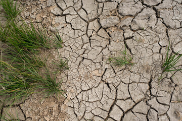 Dry cracked ground in the mountains, no rain for a long time, the need for water, an environmental problem