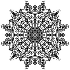 Mandala. Openwork ethnic ornament in black on a white background. Isolated pattern for your design.   Drawing on fabric, glass, paper, leather, wood. Template for tattoo, henna drawing.