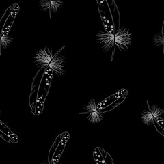 Falling feathers seamless vector pattern. White feathers on black background.