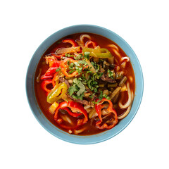 Isolated bowl of oriental uyghur lagman noodles soup