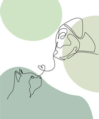 Dog and cat one line drawing. Pet shop logo. Abstract minimal style. Editable line