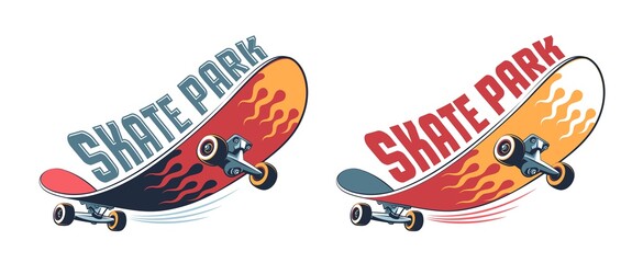 Skateboard vintage cartoon logo. Skate park retro emblem with funny skateboard. Vector illustration.