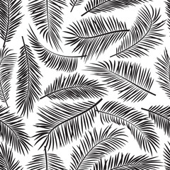 Palm leaf seamless pattern, black and white tropic tree repeating background. Summer illustration
