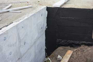 Foundation, basement waterproofing: bitumen, spray on tar and polystyrene foam boards foundation...