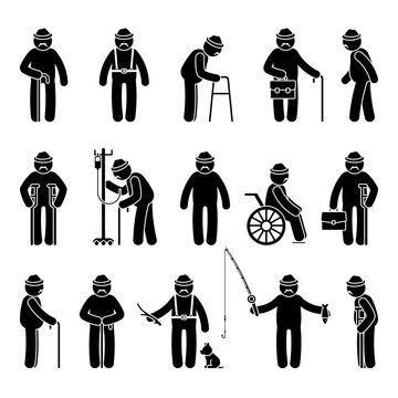 Grandfather stick figure man walking, standing with walker, cane, crutch, drop counter, dog, sitting on wheelchair vector icon pictogram. Old, aged grandpa on white