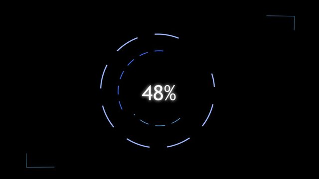 CGI motion graphic footage of hi-tech loading screen or countdown with percentage going from 0 to 100. Technological animation of radial circular progress. Digital loading circular counter. Sci fi HUD