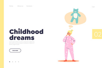 Childhood dreams concept of landing page with little girl dreaming of toy, teddy bear
