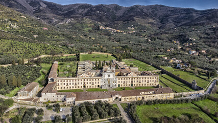 Aerial view of Certosa di Calci, Tuscany, Italy.