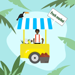 A trading place for exotic tropical fruits. Market. The seller behind the counter. Tropics. Palm trees. Vector illustration. Background. EPS. Trading shop on wheels. 