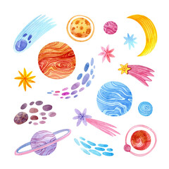 Cute space set with watercolor planets, stars, comets, moon isolated on white background.