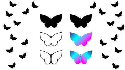 Butterfly silhouette set, outline icons, gradient, summer theme. Illustration.
