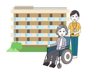 車いす　高齢女性　老人ホーム　男性介護士