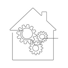 Cogwheels inside House in one line drawing. Smart home concept in minimalistic style and editable stroke. Can used for logo, emblem, slide show and banner. Vector illustration