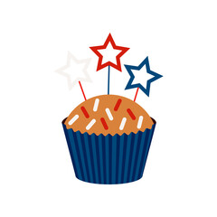 4th of July cupcake sweets food with stars on stick. USA happy independence day icing muffin with red white and blue stars Flat design cartoon holiday dessert vector food clip art illustration.