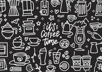 Coffee time doodles hand drawn chalkboard with many linear vector symbols and objects and lettering text.