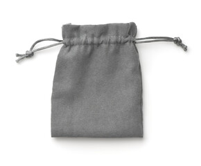 Top view of empty gray fabric drawstring gift bag