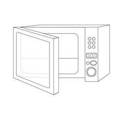 The open microwave is empty, drawn in an outline style. Drawing isolated on a white background. Stock vector illustration.