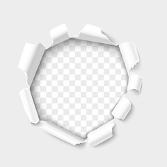 Breakthrough paper hole realistic 3D vector illustration. White paper hole over transparent background - obrazy, fototapety, plakaty