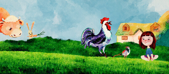 Obraz premium Girl on the farm. Watercolor for children