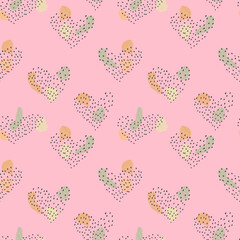 vector seamless pattern of colored spots with lines and hearts with polka dots. beige on colored background