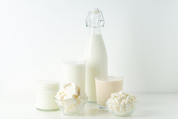 Different milk products: milk, cheese and yoghurt