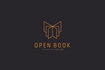 Modern Open Book Logo Line. Gold Geometric Shapes Linear Style Book Icon isolated on Double Background. Usable for Business and Education Logos. Flat Vector Logo Design Template Element.