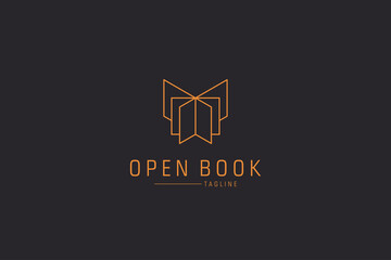 Fototapeta premium Modern Open Book Logo Line. Gold Geometric Shapes Linear Style Book Icon isolated on Double Background. Usable for Business and Education Logos. Flat Vector Logo Design Template Element.