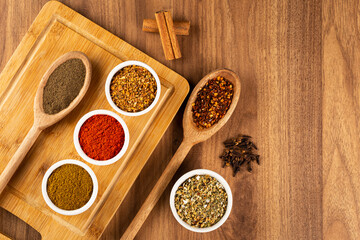 Variety of spices and seasonings on the table.